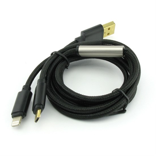 Кабель USB A --> Lightning 8pin (m) + microUSB 1.0м для Apple, MFI 2.4A, черный, Kaluos 31045 - фото 10558