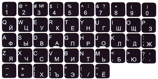 Наклейки на клавиатуру нестираемые, матовые, рус/лат, 14х14 мм, чёрный фон, русские буквы белые 34245 - фото 12445