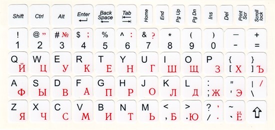 Наклейки на клавиатуру нестираемые, матовые, рус/лат, 11х13 мм, 126 симв., белый фон, русские буквы красные 17028 - фото 12450