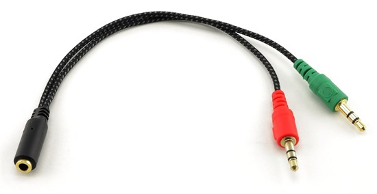 Переходник 2 x jack 3.5 мм (стерео+микрофон) (m) - jack 3.5 мм (4pole) (f) CTIA, 0.15м, ткан. оплетка, черный 34641 - фото 12945