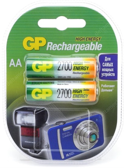 Аккумуляторы "AA" GP 270AAHC-2 (NiMH, 1.2V, 2700mAh), упаковка 2шт. 35422 - фото 15205