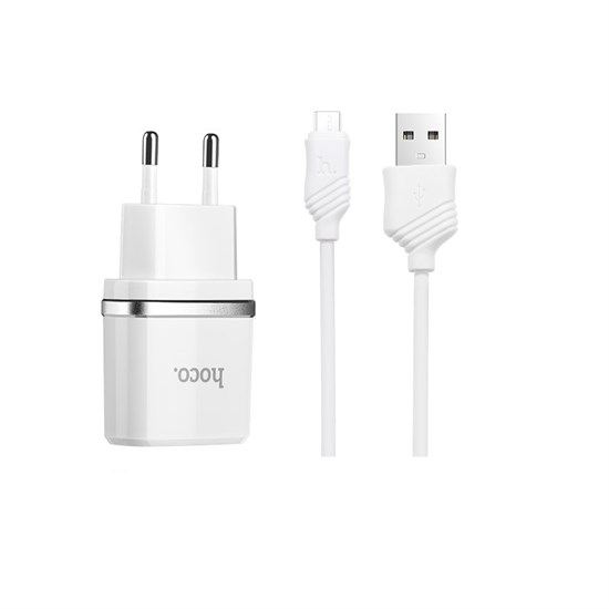 Зарядное устройство 220V -> USB 5V hoco C12 2xUSB, 2400mA, белое + кабель X6 micro-USB 35781 - фото 16014