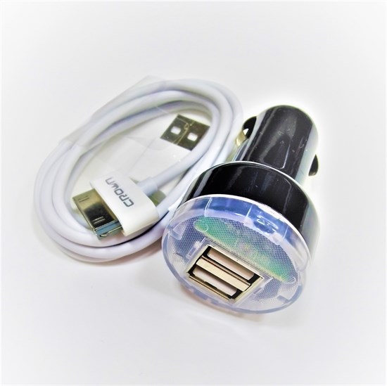 Зарядное устройство а/м 12V -> USB 5V Crown CMCC-8327 2.1A, кабель для Apple 30-pin 28664 - фото 16175