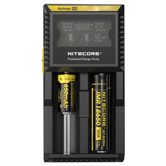 Зарядное устройство Nitecore D2 (для 2 акк. АА/AAA/C/18650/16340/14500 и др.) NiCd/NiMh/Li-Ion/LiFePO4, LCD, 220В+А/М 12В 36334 - фото 16773