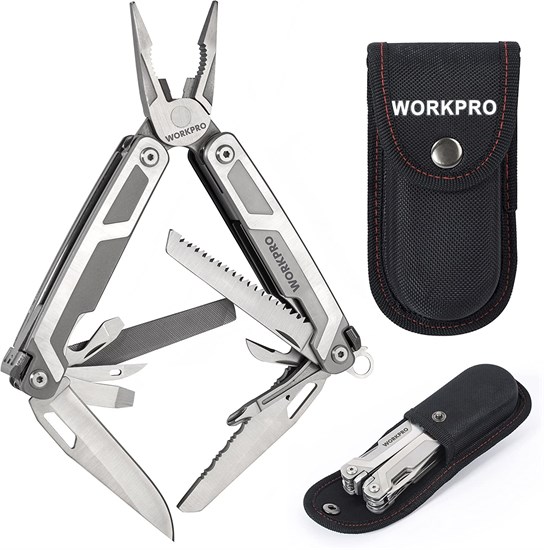 Мультитул WORKPRO W014070A (16 функций, серебристый, фикс. лезвий, 11.3(18)x4.5(6.5)x2.3см, 394г, чехол) 36787 - фото 17408