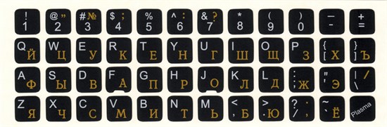 Наклейки на клавиатуру нестираемые, матовые, рус/лат, 10х10 мм, чёрный фон, русские буквы жёлтые 34976 - фото 18952