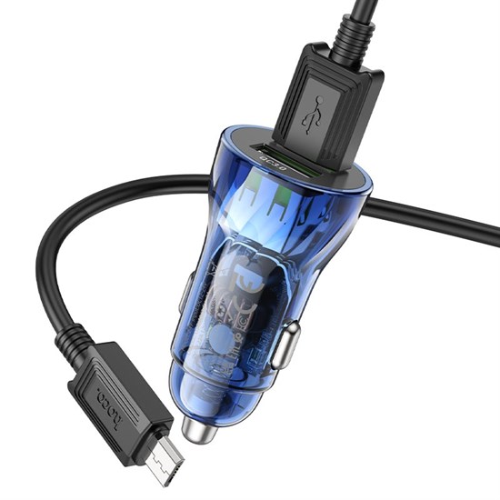 Зарядное устройство а/м 12V -> USB 5V hoco Z47 2xUSB, QC 3.0 20W, + кабель microUSB, прозр. синее 37330 - фото 19024