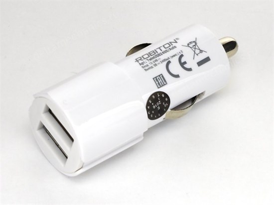 Зарядное устройство а/м 12V -> USB 5V Robiton TwinUSB2400/AUTO 2x2400mA, белый 32391 - фото 8460