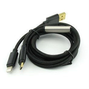 Кабель USB A --> Lightning 8pin (m) + microUSB 1.0м для Apple, MFI 2.4A, черный, Kaluos 31045