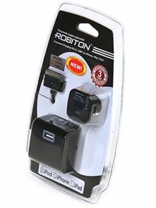 Зарядное устройство а/м 12V +220V -> USB 5V Robiton App03 2100mA, кабель для Apple 30-pin 28645