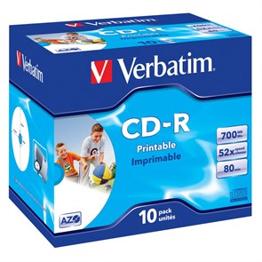 CD-R 700Mb 80min Verbatim 52x, jewel, AZO Wide Inkjet Printable (43325) (упаковка 10шт.) 36520