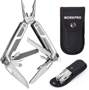 Мультитул WORKPRO W014070A (16 функций, серебристый, фикс. лезвий, 11.3(18)x4.5(6.5)x2.3см, 394г, чехол) 36787