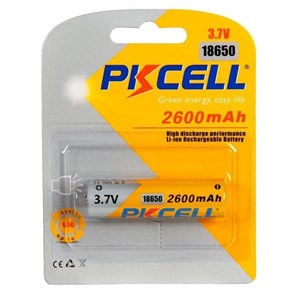 Аккумулятор 18650 PKCELL, незащищенный, 2600mAh 3.7V, Li-Ion, 1шт. (18650 2600-1B) 37152