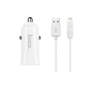 Зарядное устройство а/м 12V -> USB 5V hoco Z12 2xUSB, 2400mA, белое + кабель Lightning X1 37075