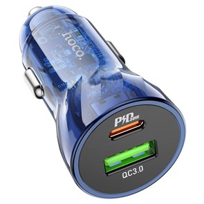 Зарядное устройство а/м 12V -> USB 5V hoco Z47A, Type-C 30W/USB 18W, PD30W, QC 3.0, + кабель Type-C -> Lightning, прозр. синее 37335
