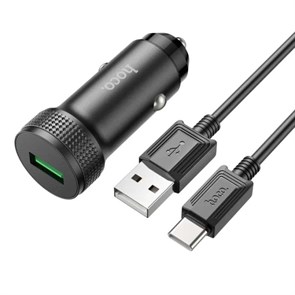 Зарядное устройство а/м 12V -> USB 5V hoco Z49A, QC 3.0, чёрное, + кабель Type-C 37339