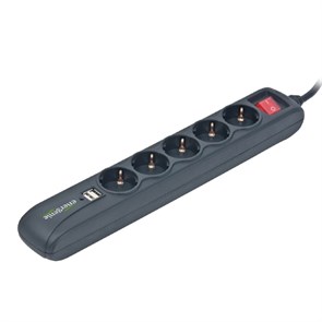 Сетевой удлинитель Energenie SPG5-U-5, 5 розеток, 2 USB (2x500mA), 16A, 1.5м, черный 25322