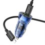 Зарядное устройство а/м 12V -> USB 5V hoco Z47A, Type-C 30W/USB 18W, PD30W, QC 3.0, + кабель Type-C -> Lightning, прозр. синее 37335 - фото 19052